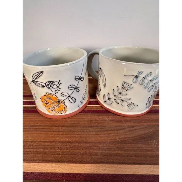 Set of 2 Ceramic Hand-drawnCoffee Mugs with Floral Butterfly Design from 180 Deg - Picture 1 of 11